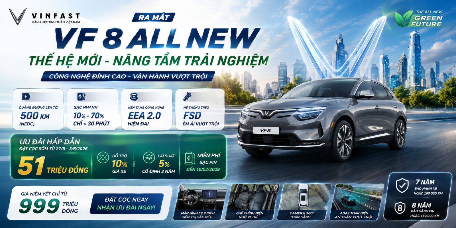 VinFast VF 8 All New – Mẫu SUV điện thông minh với thiết kế hiện đại, công nghệ tiên tiến và khả năng vận hành mạnh mẽ.